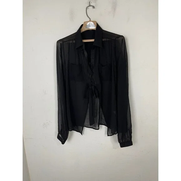 Cecico Black Sheer Chiffon Tie Front Split Back Long Sleeve Blouse Size L - Picture 2 of 10